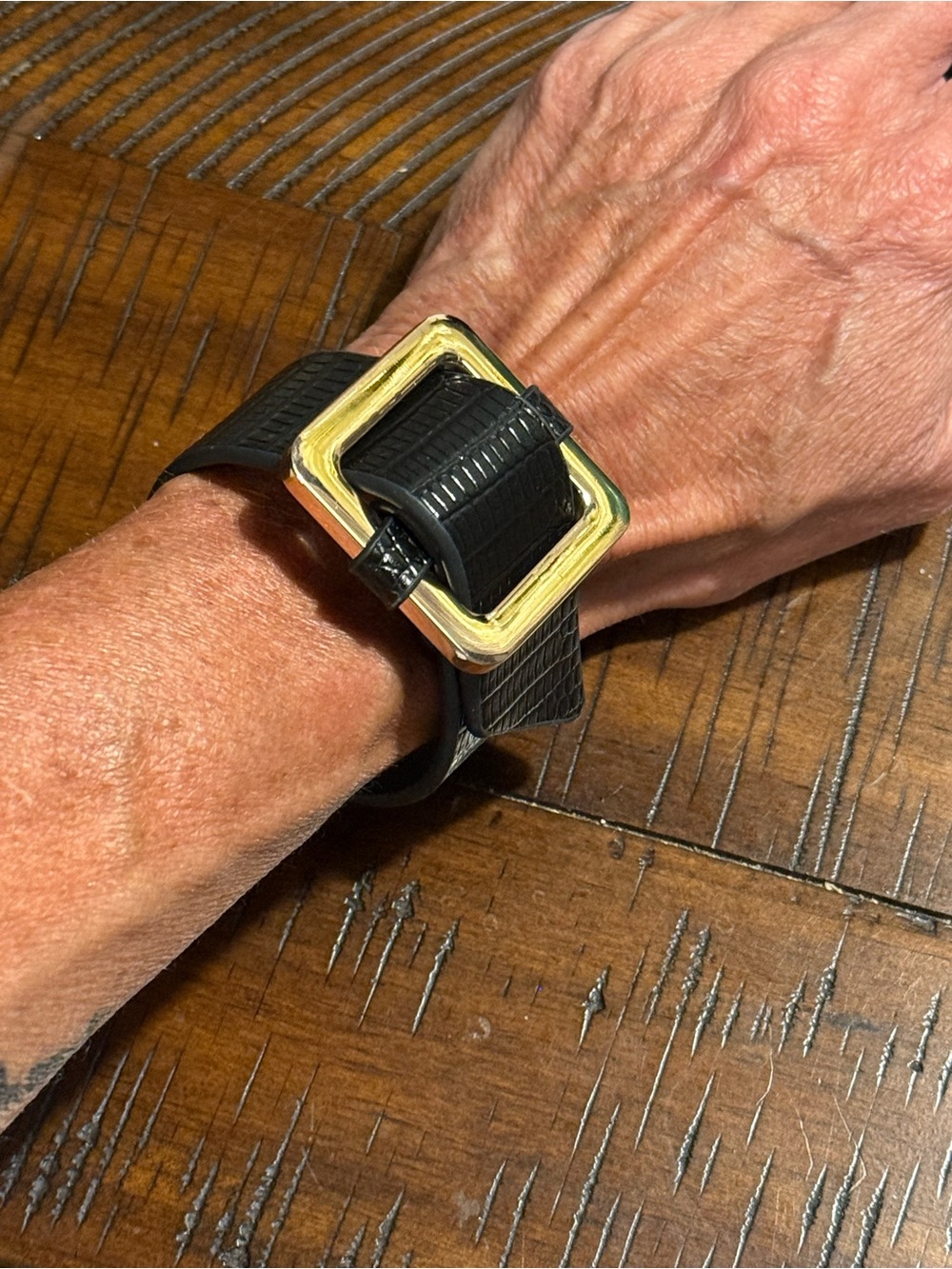Black Croc-Texture Leather Belt bracelet with gold Buckle